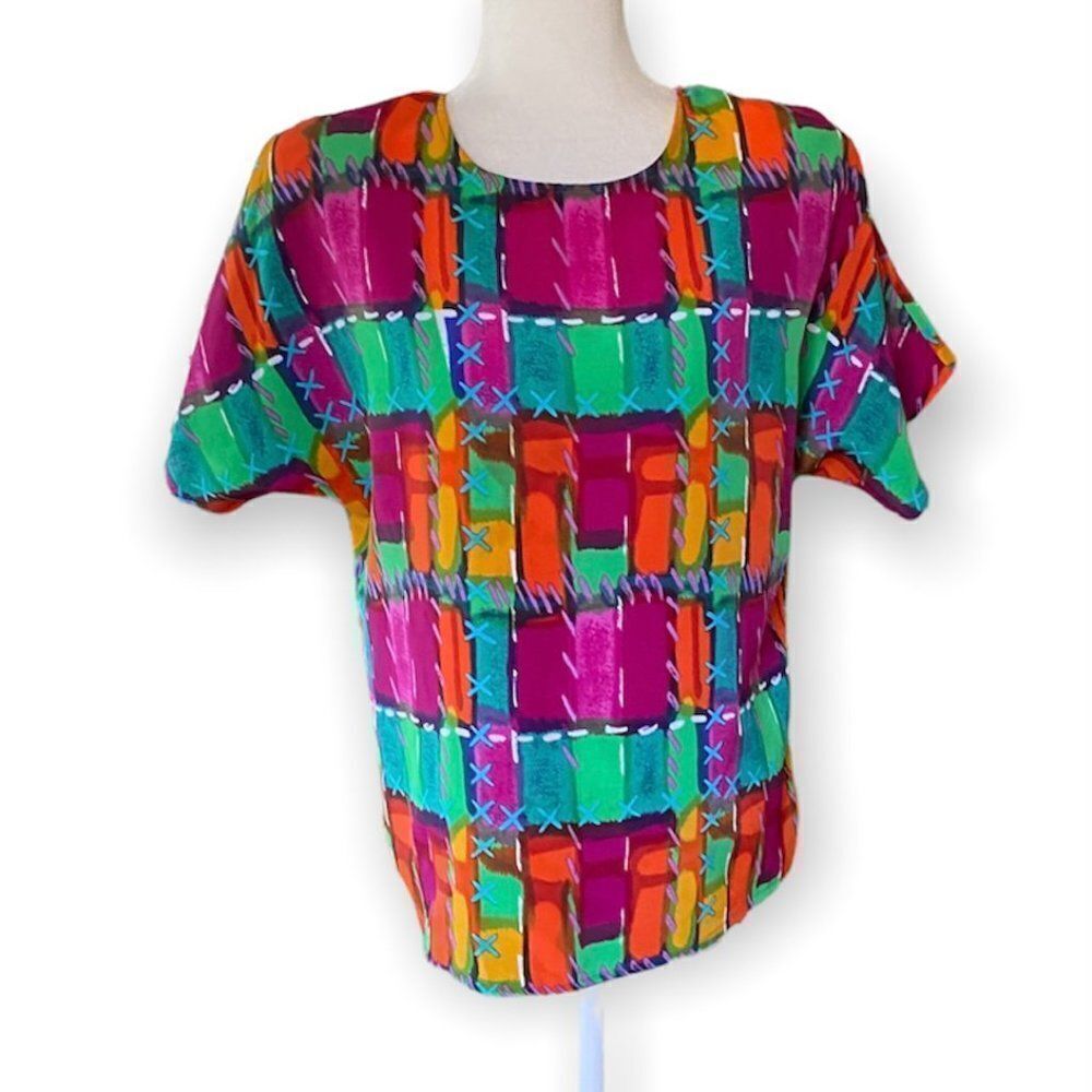 Nicola Womens Vintage 90s Abstract Geo Print Short Sleeve SZ L